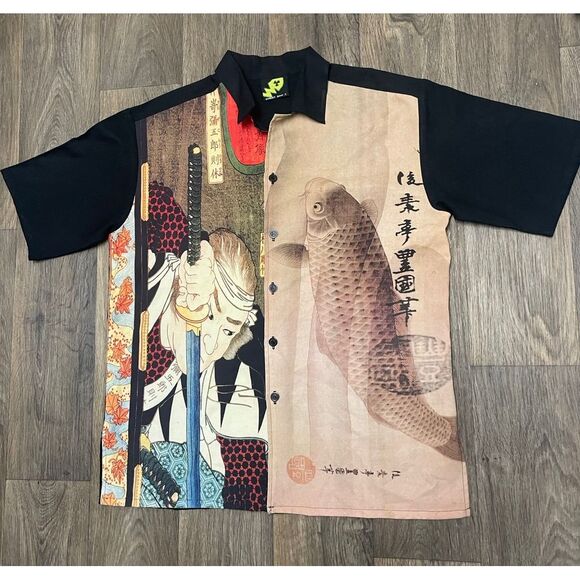 Vintage 90s Street Savy Japanese Samurai Koi Button Up Shirt L - Picture 3 of 11